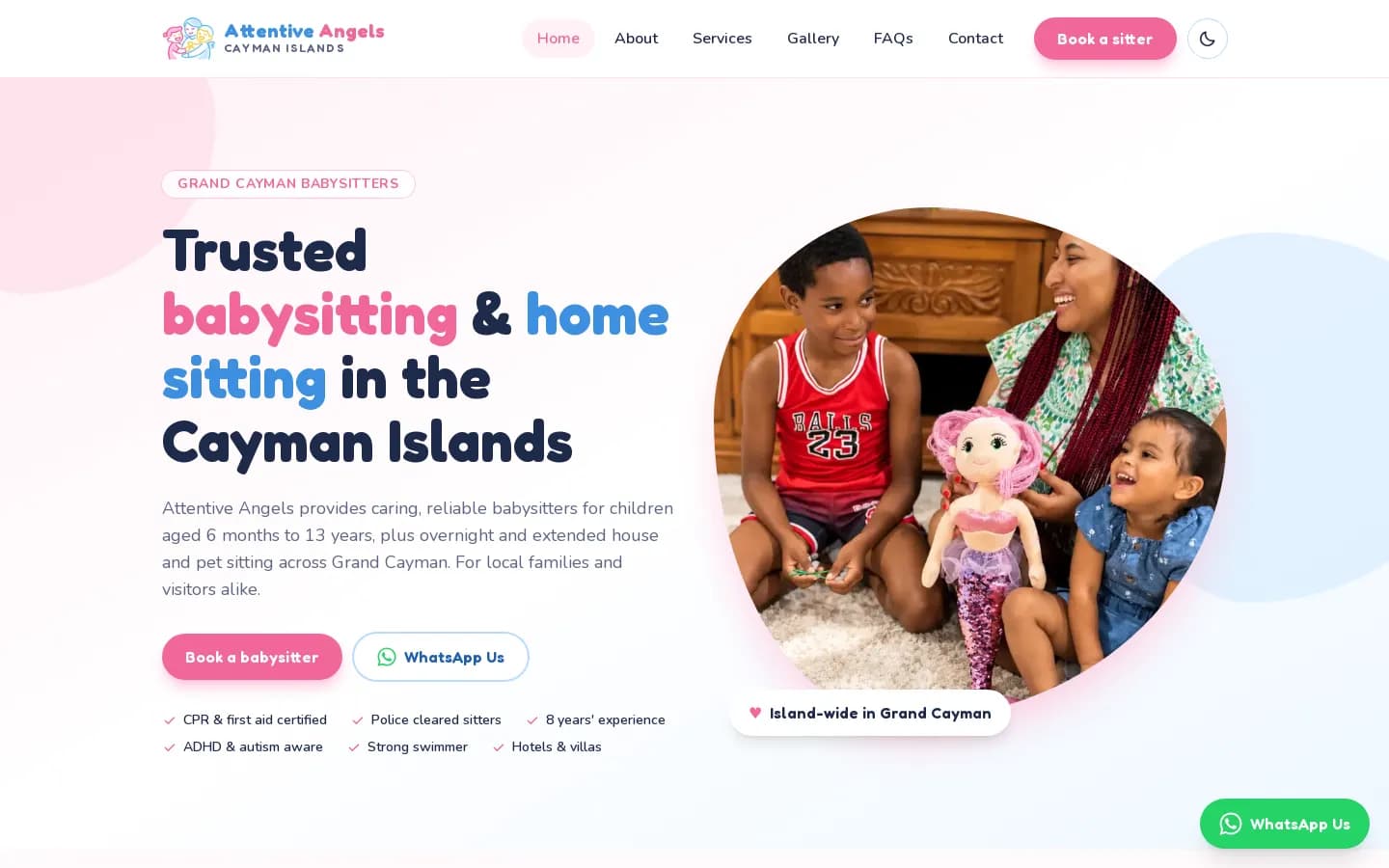 Attentive Angels homepage, a Grand Cayman babysitting and nanny services website designed by Graphica Pro Artistry