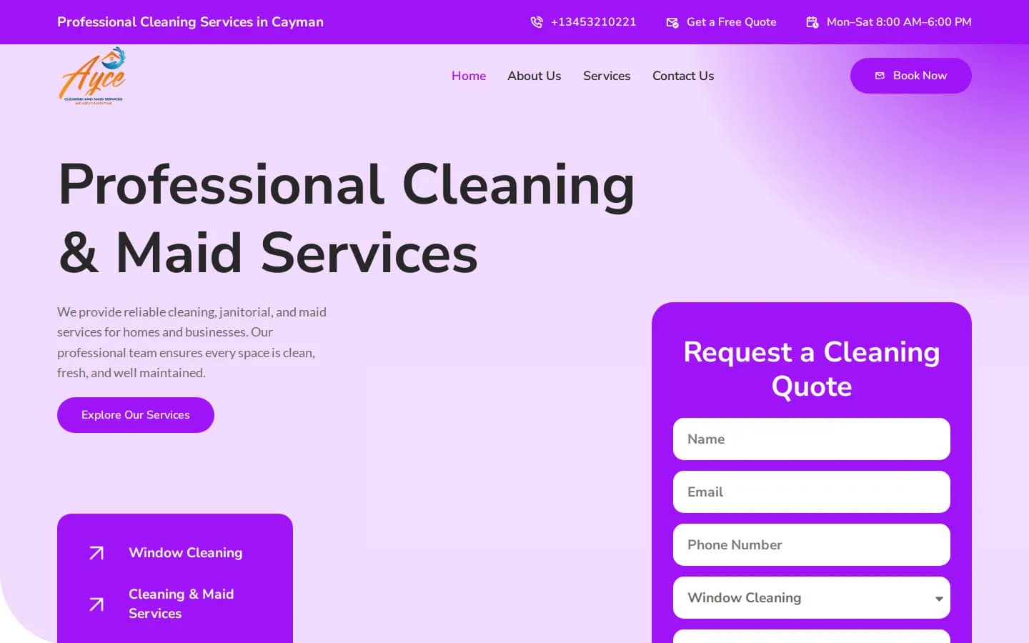 AYCE Cleaning & Maid Services homepage, a Cayman Islands cleaning services website designed by Graphica Pro Artistry