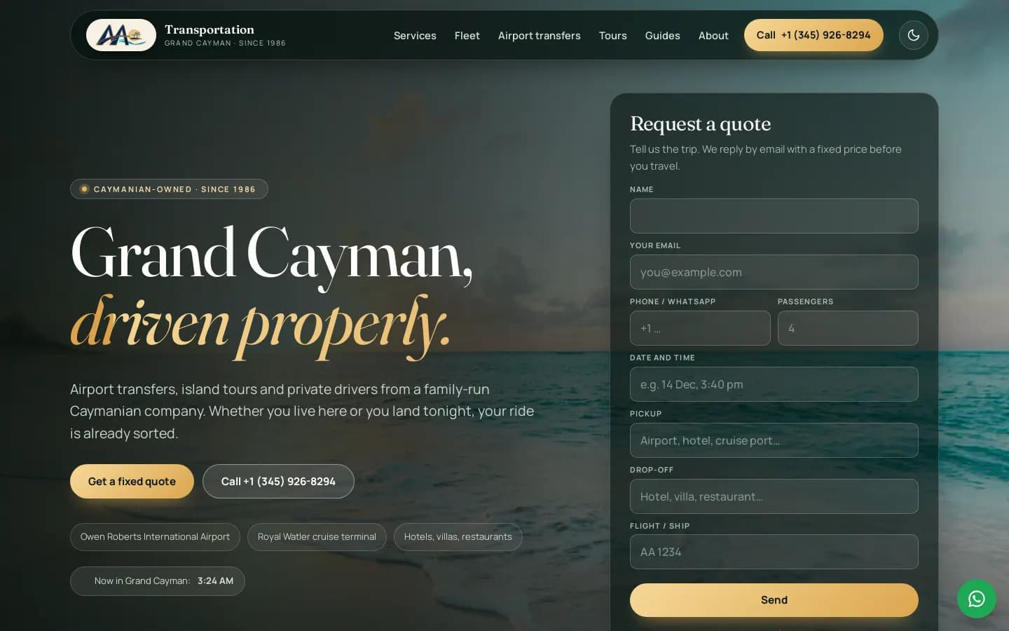Cayman Private Drivers homepage, a Grand Cayman airport transfer and private driver website designed by Graphica Pro Artistry