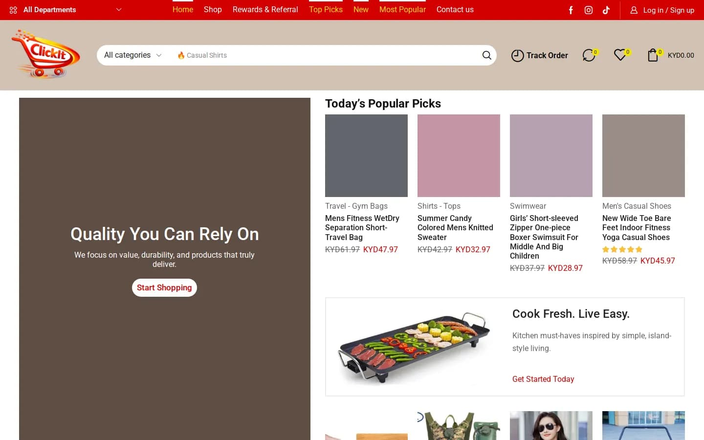 ClickIt homepage, a Cayman Islands online shopping website built by Graphica Pro Artistry