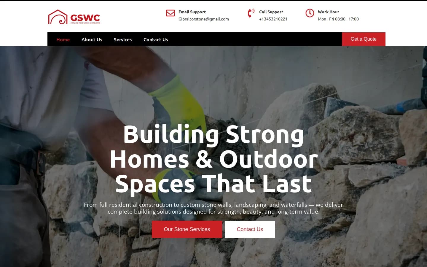 Gibraltor Stone Construction homepage, a Cayman Islands construction and stonework website designed by Graphica Pro Artistry