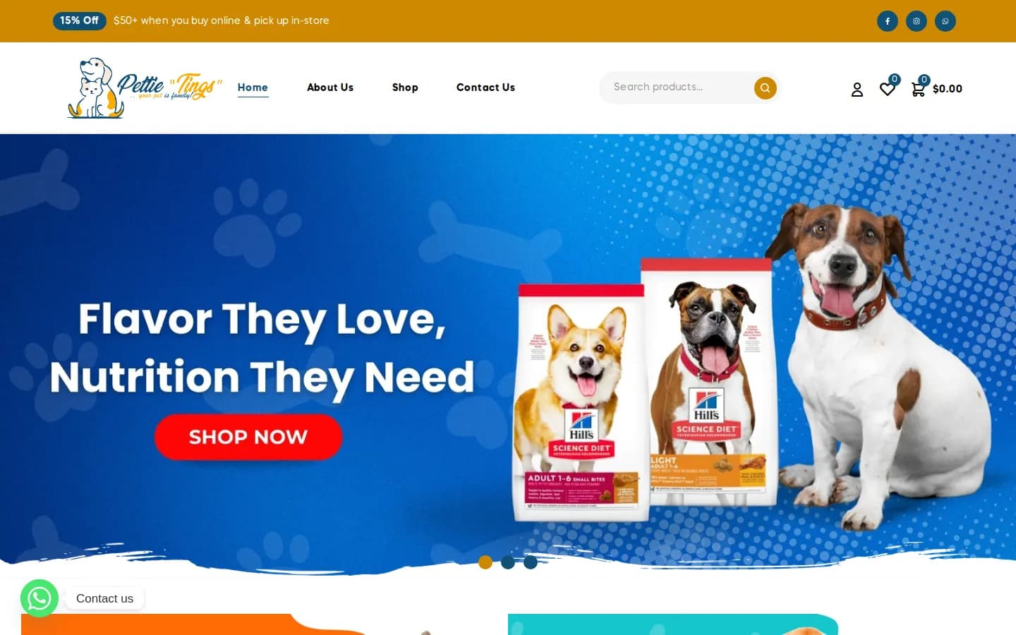 Pettie Tings homepage, a Cayman Islands pet care and supplies online store built by Graphica Pro Artistry